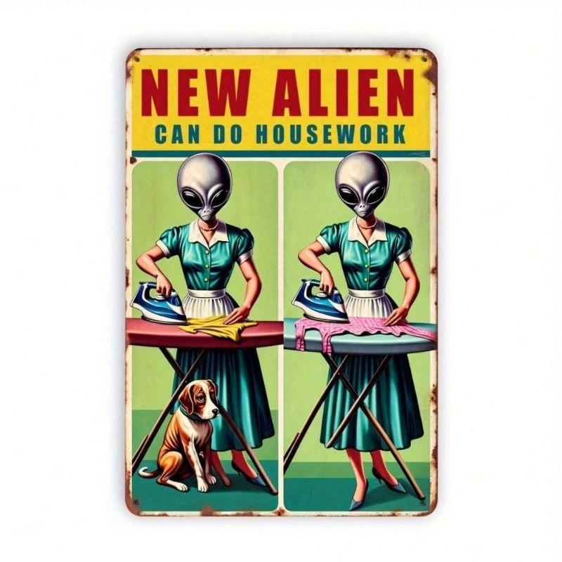 

Vintage Metal Poster Wall Art, Alien Housework Retro Garage Decor