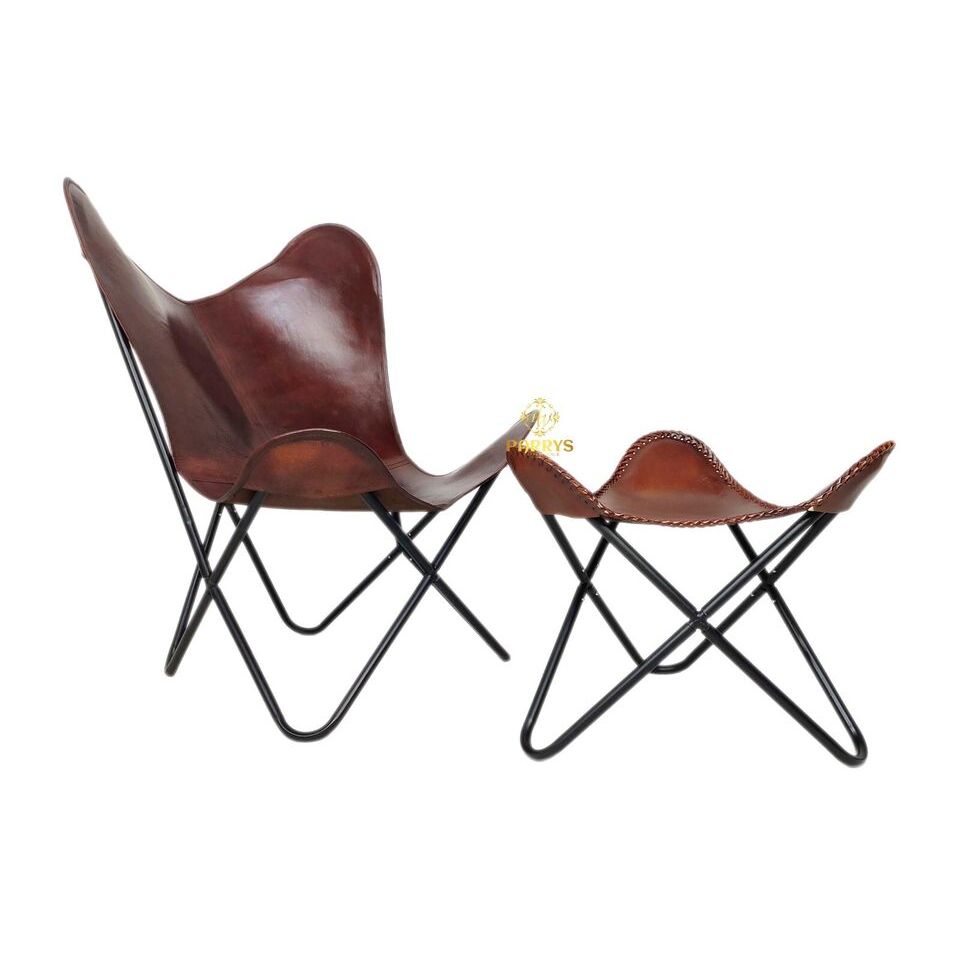 2 Handmade Relaxing Chair-Iron Stand Leather Butterfly Chair With Ottoman