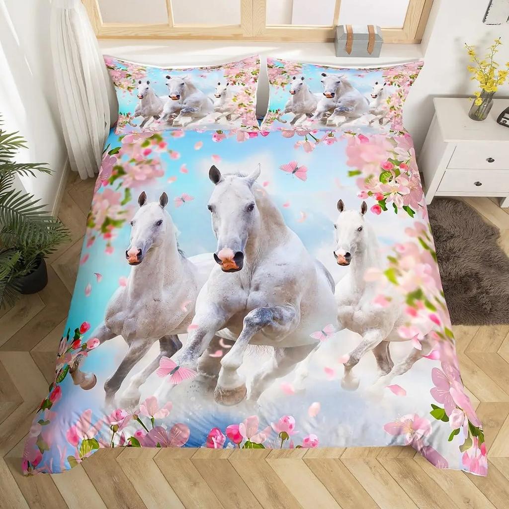 Pferde-Bettwäsche-Set für Mädchen Rustikales Bauernhofpferd Bettbezug Queen Rosa Kirschblüten-Deckenbezug Farbverlauf-Tagesdecke