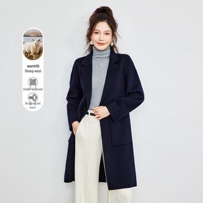 TERRE BLEUE Women's 100% Wool French Style Mid-Length Suit Collar Coat