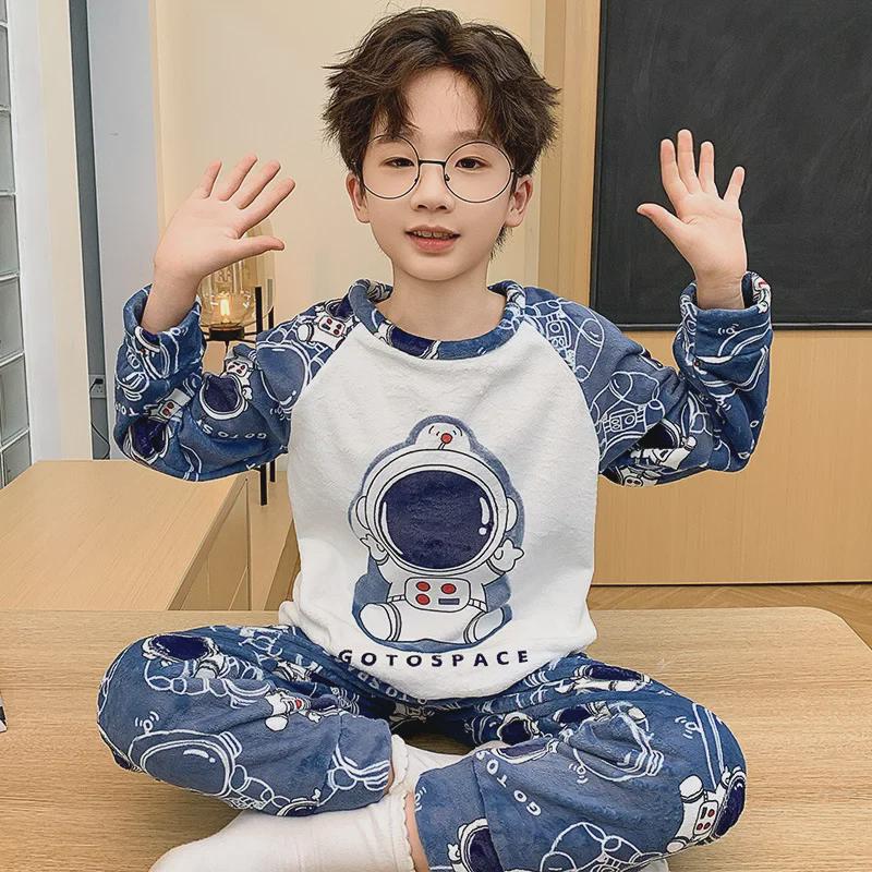 Kinder Cartoon Korallenfleece Pyjama - Warm, Dickes Flanell Rundhals für Jungen, Herbst/Winter Kollektion
