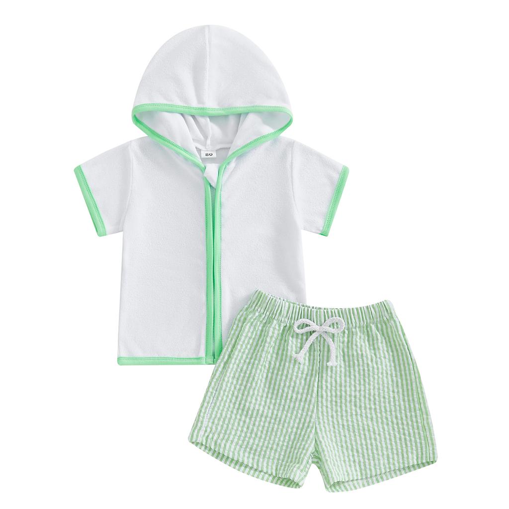 Toddler Boy Girl Beach Cover Up Set Short Sleeve Zipper Hood Tops with Stripe Print Shorts Outfit