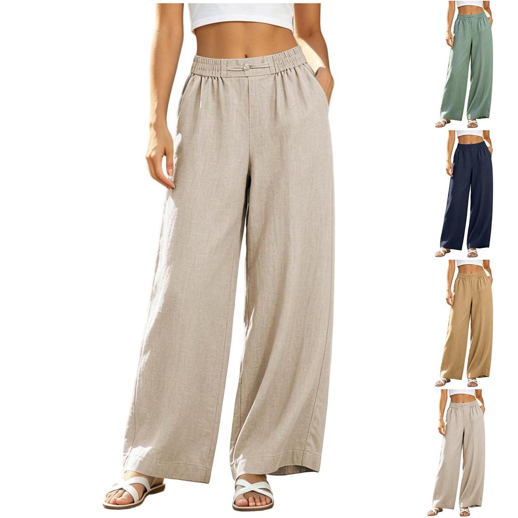 Women Casual Loose Fit High Waist Linen Blend Wide Leg Pants with Pockets Elastic Waistband for Everyday Wear