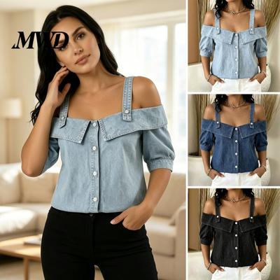Soft Tops Women Denim Shirt, Off Shoulder Lapel Short Sleeve Shirt Tops, Loose Fit Blouse Paneled Cut for Casual Work Party Vacation Date Breathable