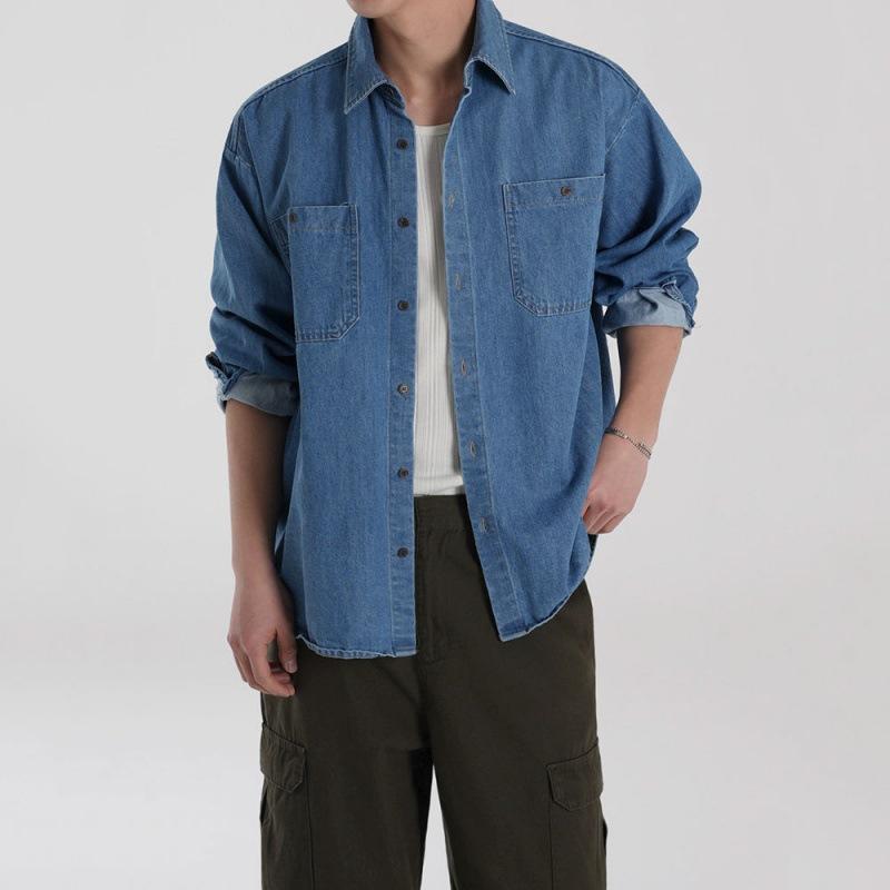 Retro Washed Denim Jacket Men's Autumn Loose Long-sleeved Shirt Handsome Lapel Jacket