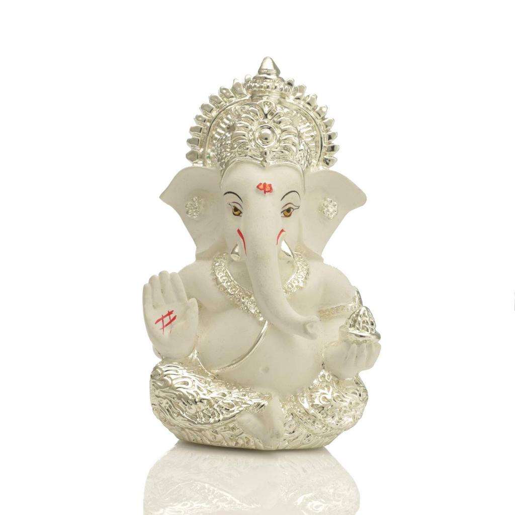Ganesha Idol Silver Plated Ganesh for Car Dashboard Statue Ganpati Figurine Luck & Success Diwali Gifts Home Decor (Size: 3.5 X 2 Inches)