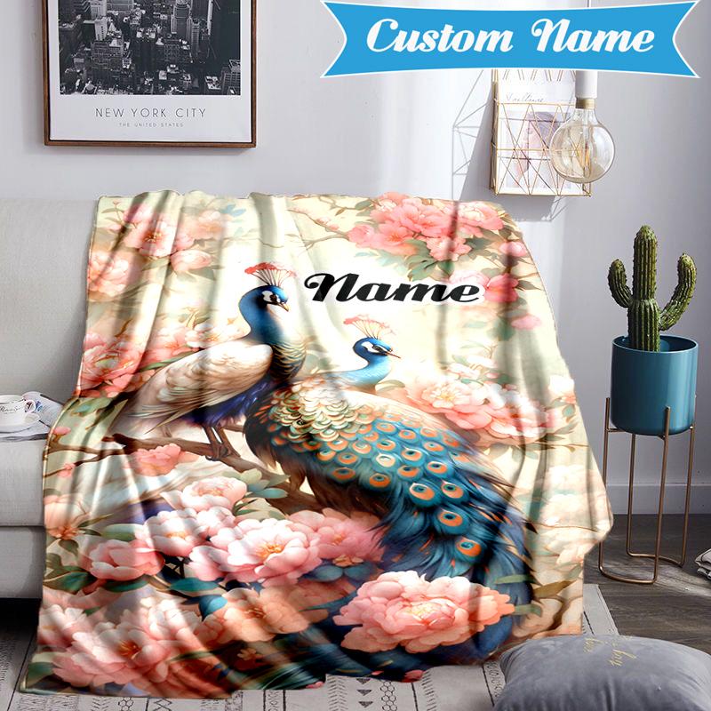 Custom Name Peacock Flowers Romance Blanket Lightweight Ideal Bedding Blanket Perfect for Travel, Camping, Living Rooms, Sofas, Christmas gift