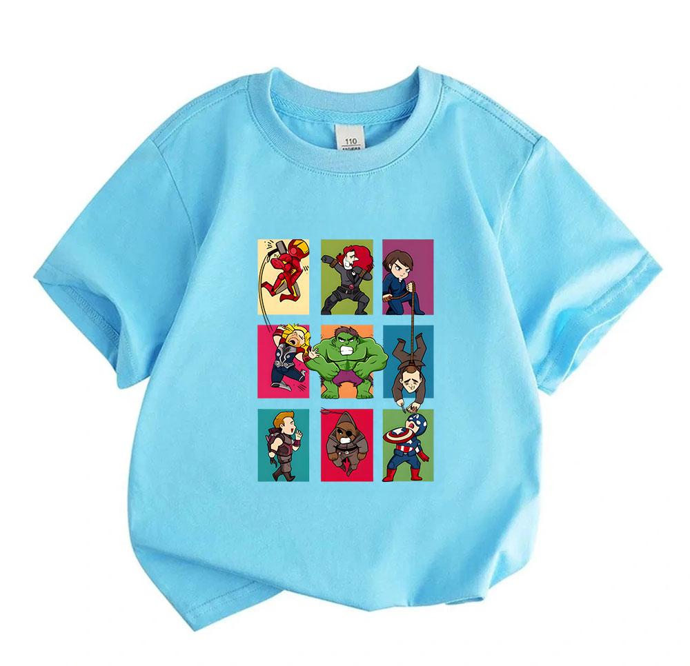 Kids Boys Girls 100% Cotton Crew Neck Short Sleeve T-Shirt Cute Superhero Chibi Group Print Casual Soft Breathable Tee for Daily Wear Summer Tops for