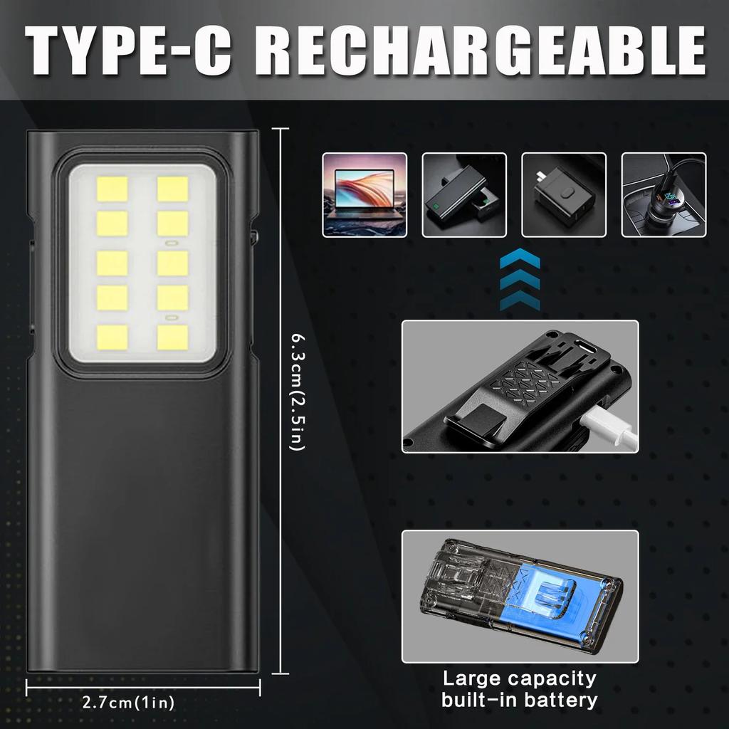 Mini Pocket Work Light Night Running Safety Lights Portable LED Flashlight Rechargeable Small Torch Emergency Light Hands Free