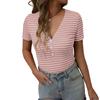 Women's Fashion Stripe V Neck Short Sleeved Pullover Casual T-shirt Top