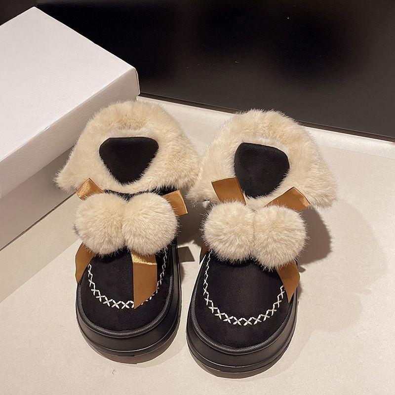 Fashion Winter Cute Bow Chunky Snow Boots for Women Round Toe Plush Woman Shoes Padded Y2k High Quality On Offer 2025 Novelty Footwear