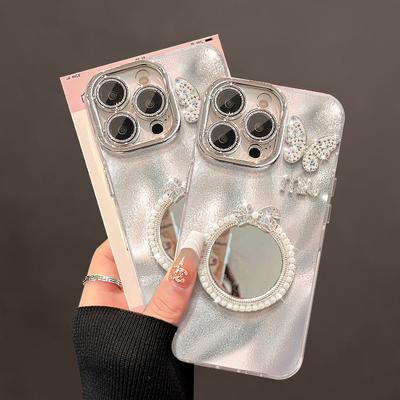Flash Diamond Butterfly Pearl Round Mirror Suitable for Apple 16 Mobile Phone Case 15 Bracelet 14 High-end Feeling 13 All Inclusive 11 Women