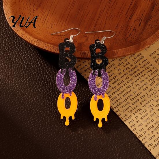 Fun Festive Party Accessories 1 Pair Glitter Halloween BOO Earrings, Sparkly Acrylic Black Purple Orange Holiday Statement Jewelry for Women