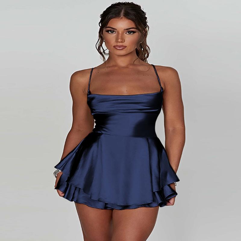 Satin Seide Damen Sexy Cami Playsuits Kleid Solide Wasserfallausschnitt Ärmellos Kurze Jumpsuits Sommer Kreuz Binden Rückenfrei Strampler