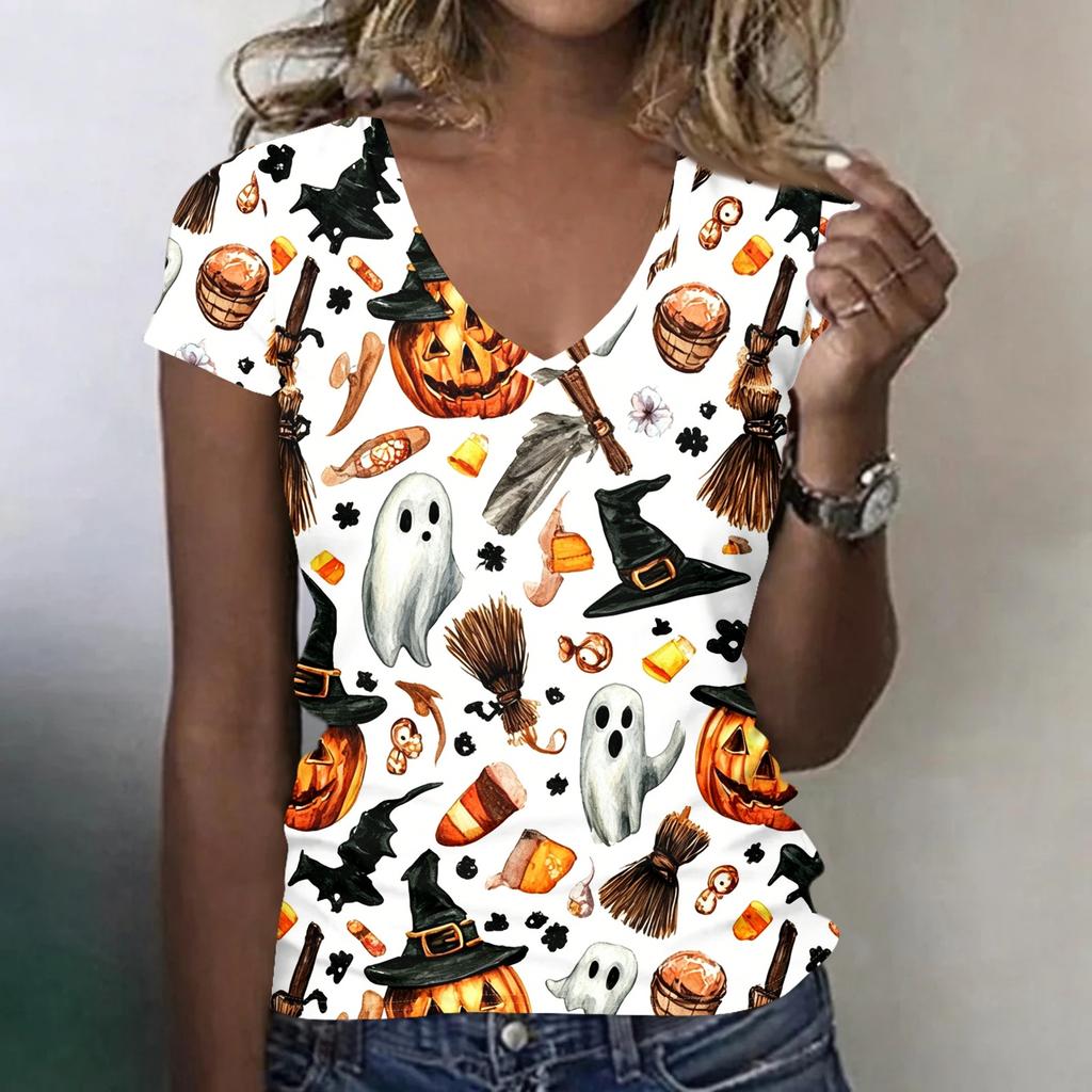Women's V-Neck Halloween Print Blouse Lightweight Spring Summer Top