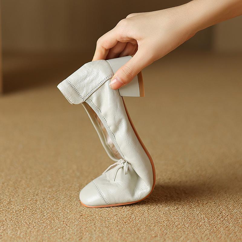 Fashion Soft Pu Leather Single Shoes for Women Shallow Bow Ballet Flats Round Toe Slip on Mid Heel Pumps Zapatos De Mujer Size 35-40
