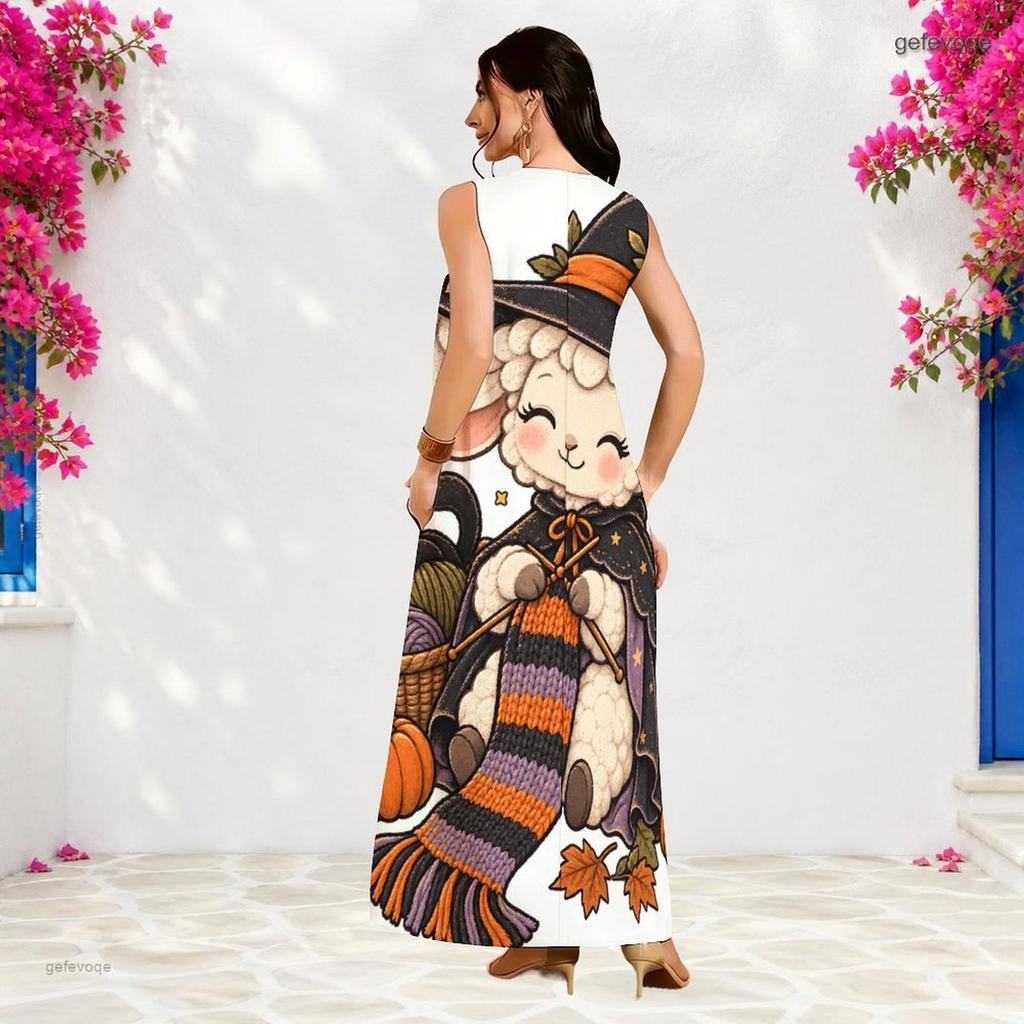 Women Plus Size Sleeveless Small V Neck Maxi Dress Halloween Witch Lamb Cartoon Print Loose Long Dress