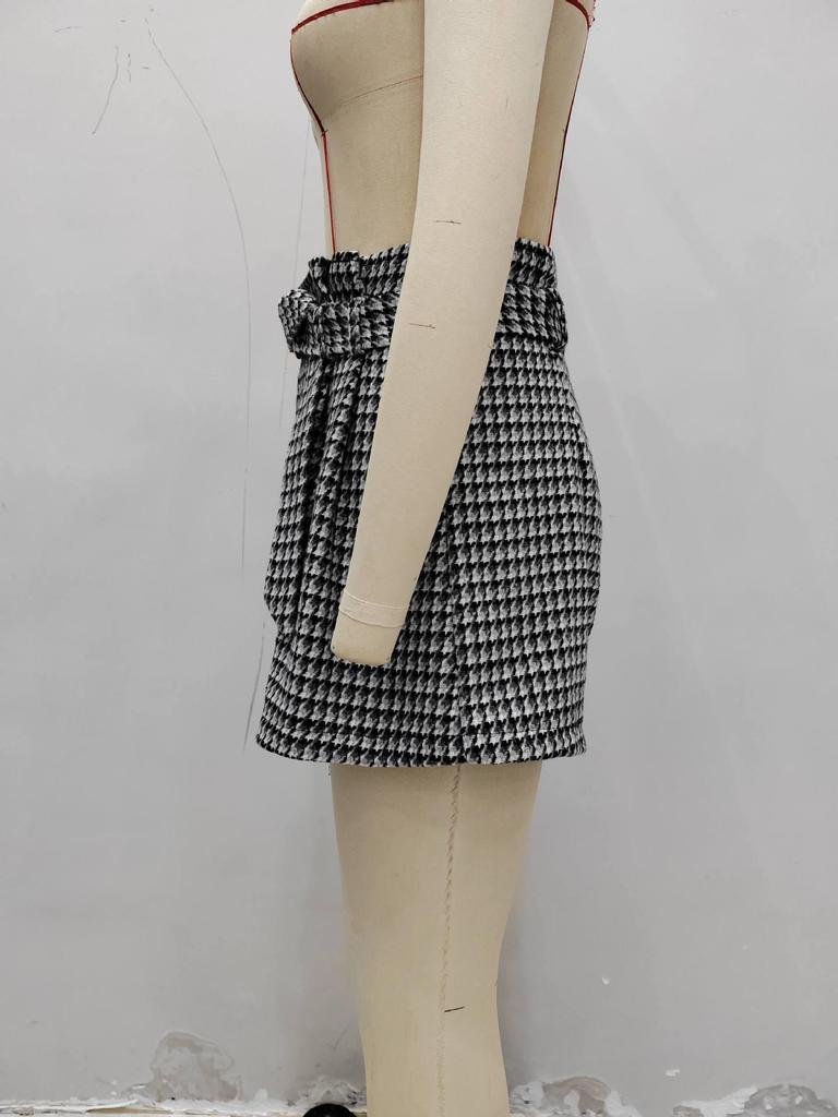 European & American Houndstooth High-Waist Belted Slimming Women's Autumn/Winter Shorts