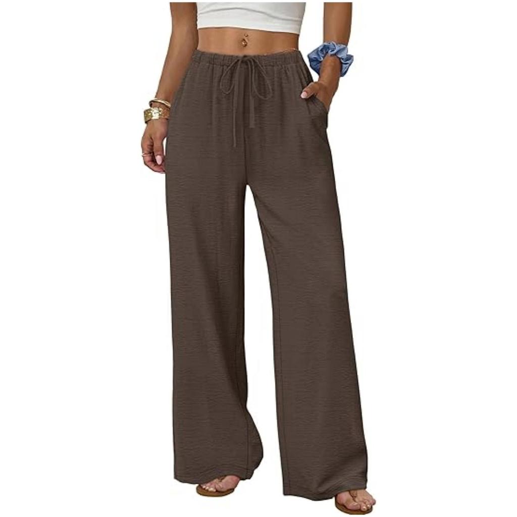 European & American Women's Casual Solid Wide-Leg Beach Pants with Elastic Waist & Pockets