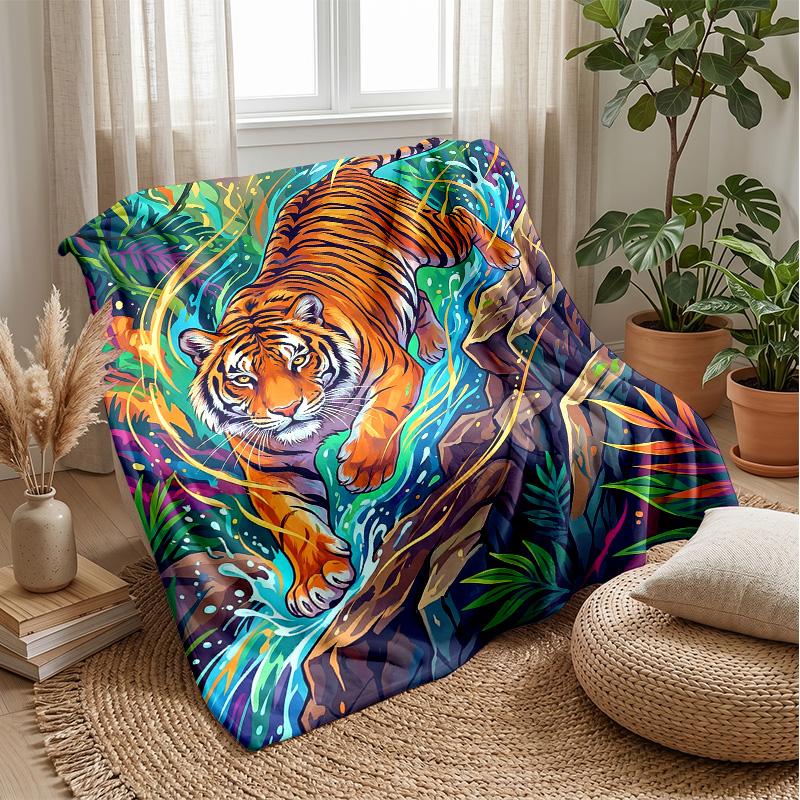 Tiger In Floral Bathtub 3 Theme Blanket Lightweight Warm Flannel Blanket Decorative Throw Blanket for Home Decoration