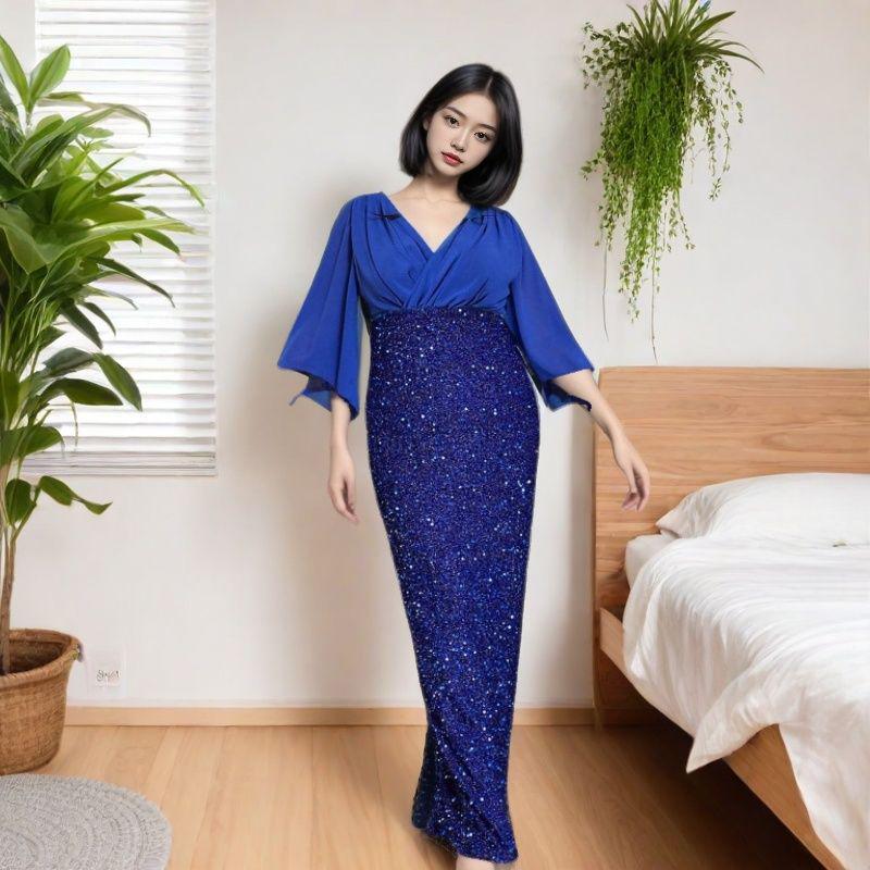"2025 Elegant V-Neck Chiffon Sequin Spliced Evening Gown"