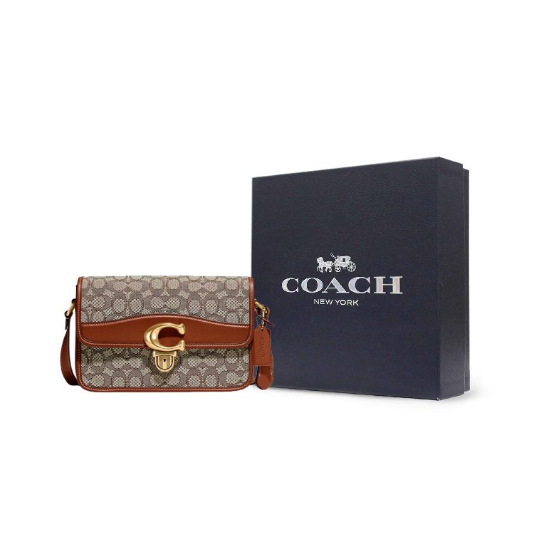 Coach Studio 25 Flap Lock Adjustable Shoulder Strap Jacquard And Glove Tanned Leather Shoulder Bag Crossbody Bag Medium Women Shoulder Bag C7933-B4TA7