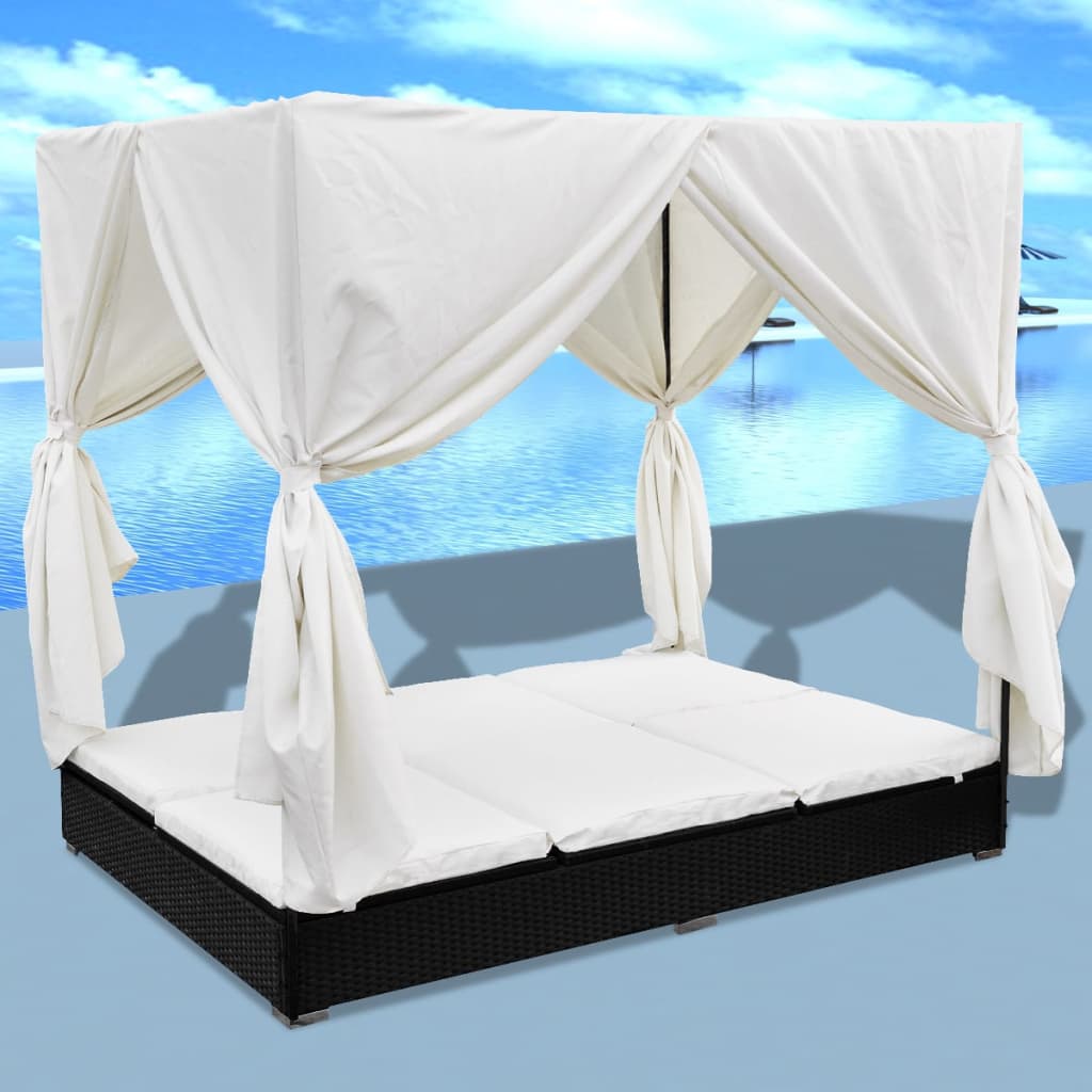 Outdoor Double Sun Lounger with Canopy and Curtains Poly Rattan Black