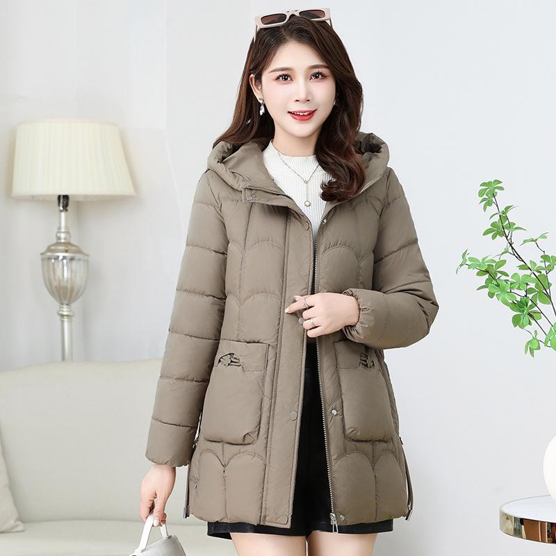 Fashion down cotton jacket women's mid-length winter 2025 hooded plus size slim padded jacket warm jacket