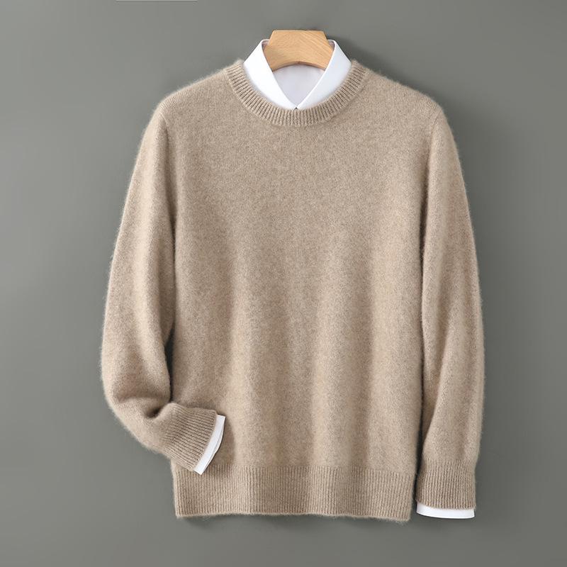 Men's 100% Australian Wool Round Neck Sweater - Skin-Friendly Business Casual Knitwear for Autumn/Winter.