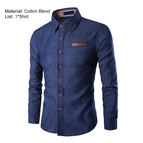 Men Shirt Solid Color Single-breasted Spring Autumn Plaid Patchwork Slim-fitting Jeans Shirt for Office
