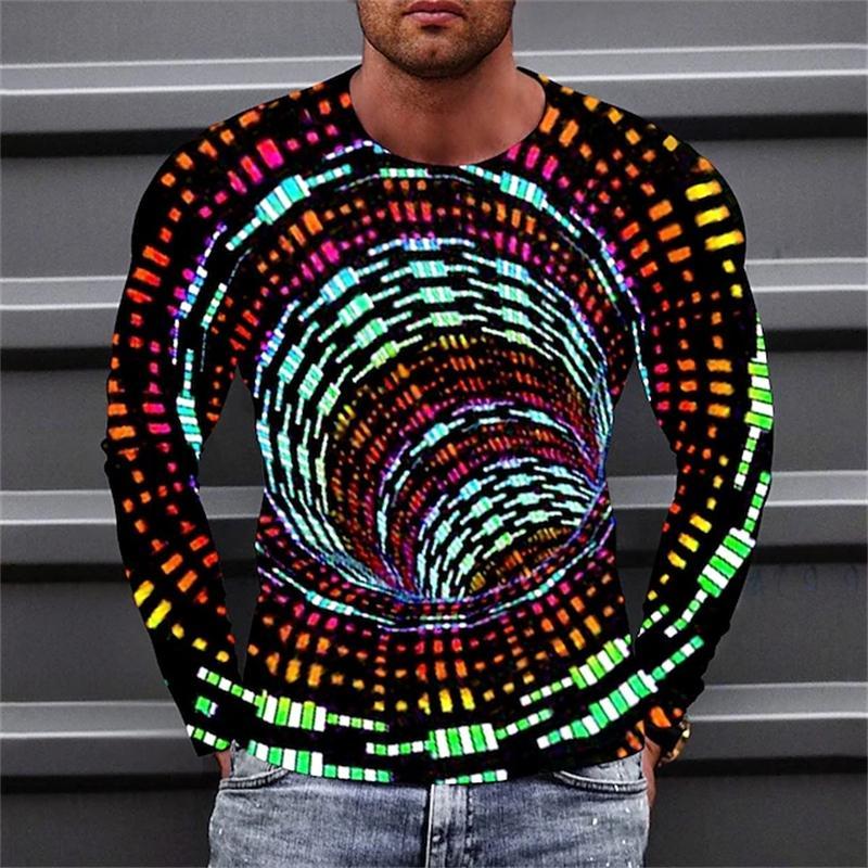 Optical Illusions Pattern 3D Printed Casual Long Sleeved Men's T-shirts - Soft Medium Stretch Polyester Fabric Spring and Autumn Relaxed Fit Clothing