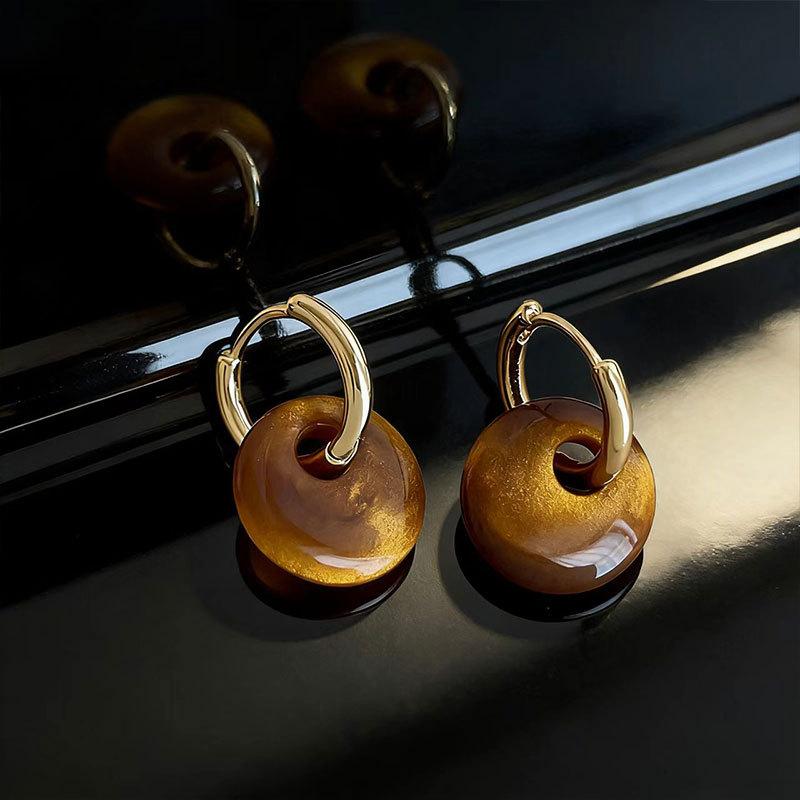 Vintage Maillard Imitation Tiger'S Eye Stone Smudge Round Personalized Simple Earrings Light Luxury High-End Ear Buckles Fashion Earrings