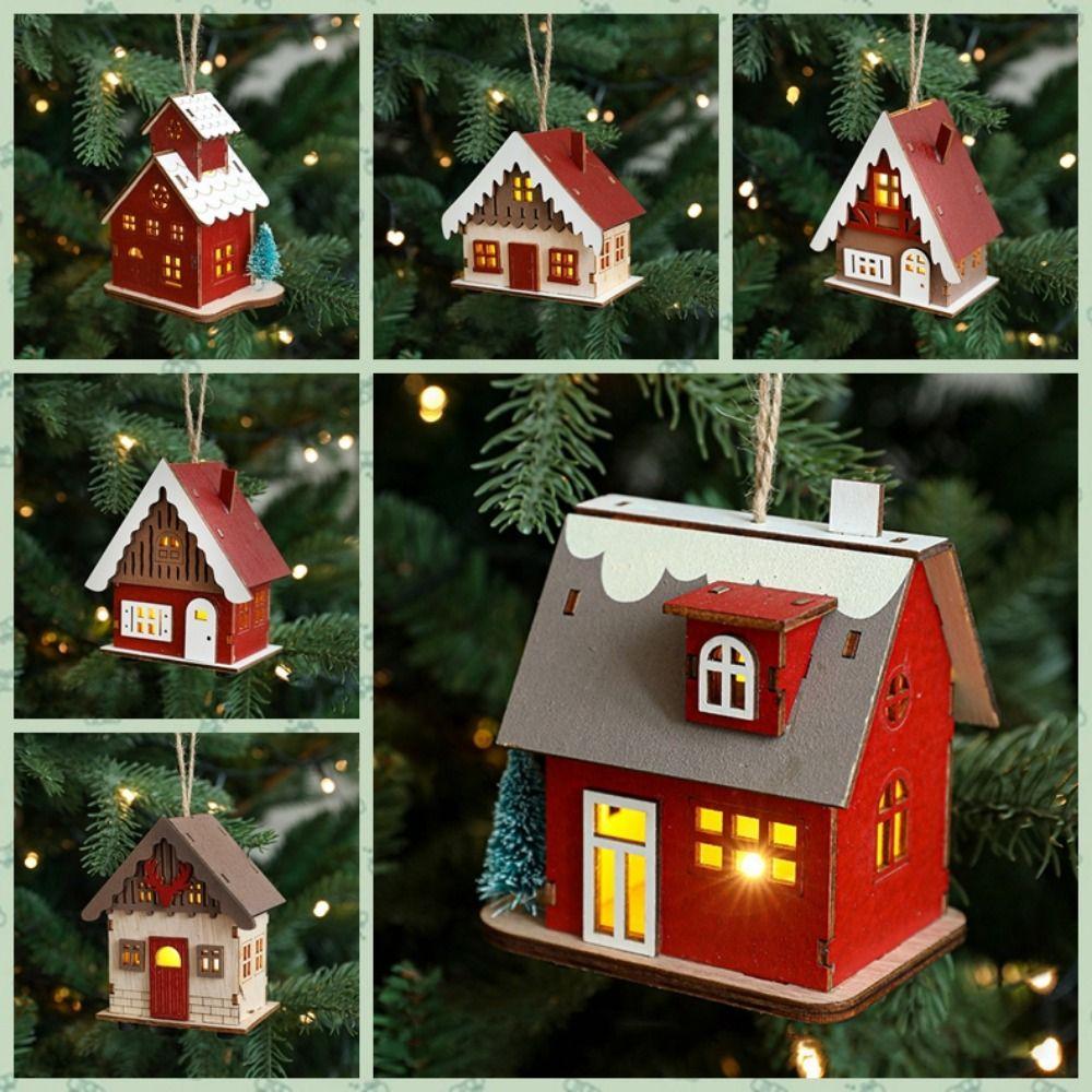 Decorative Christmas Snow House Pendant Elk Hanging Lighting Glowing Log Cabin Mini Christmas Tree LED Wooden Christmas House