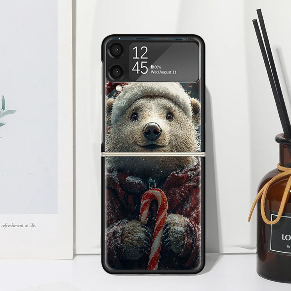 Animal Brown Cute Bear Phone Case Cover for Samsung Galaxy Z Flip 7 6 5 4 3 5G Flip3 Flip4 Flip5 ZFlip6 ZFlip7 Black Fundas Clea