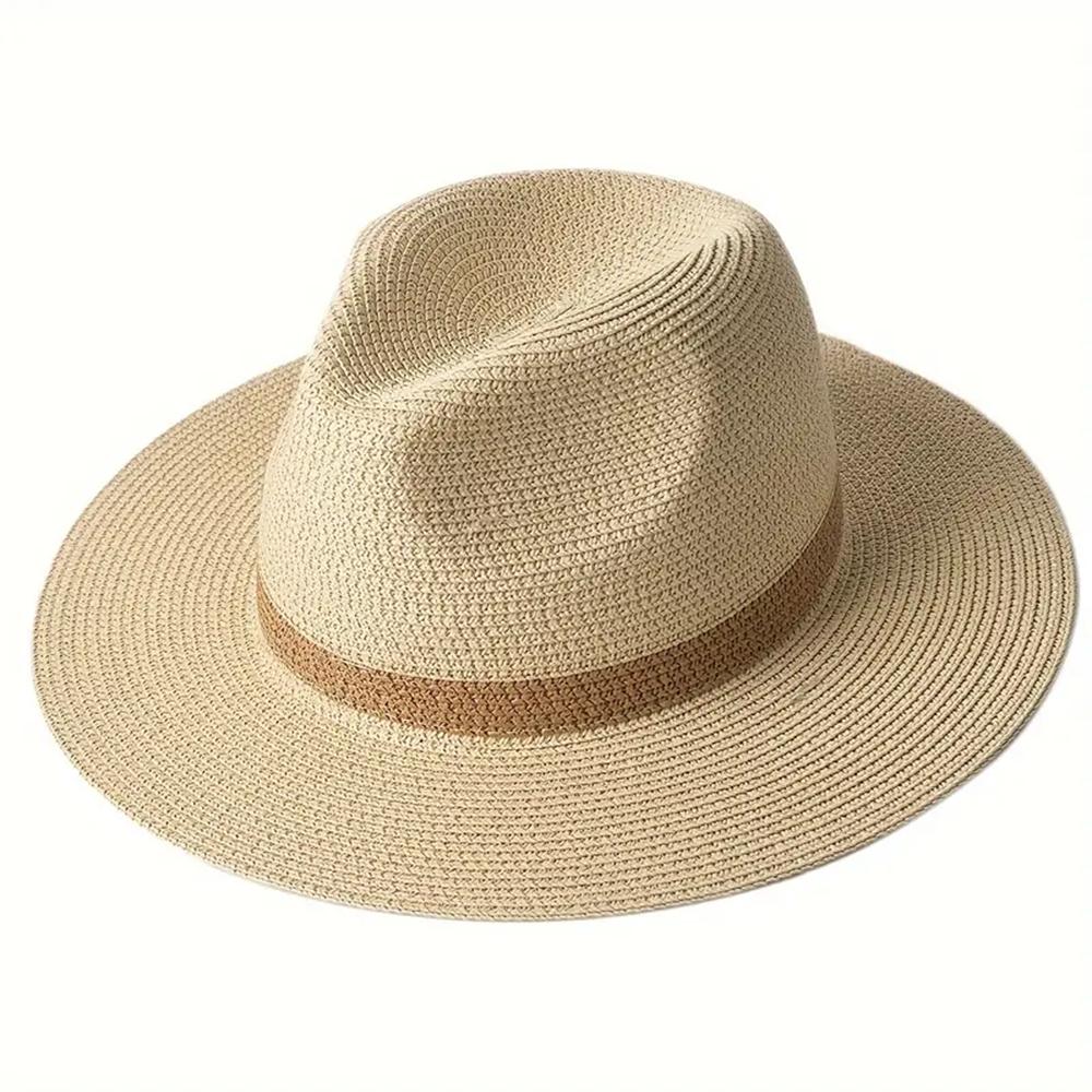 Stylish Wide Brim Panama Hat - UV Protection Unisex Beach Hat with Color Block Design, Breathable & Foldable for Summer Travel