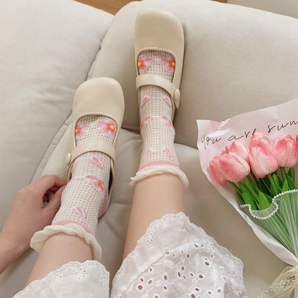 6Pairs Mesh Hollow Transparent Flower Socks Ruffle Sweet Socks Women Ins Style Mid Tube Socks  Lady