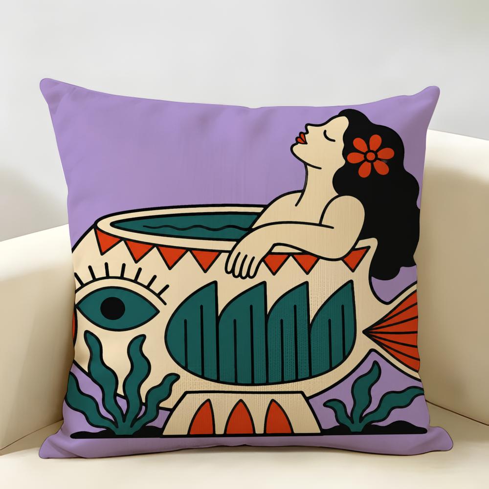 Coffee Bath In BLUE Cushion Cover Durable Hypoallergenic Organic Linen Pillow Cover Short Size Washable Skin-Friendly