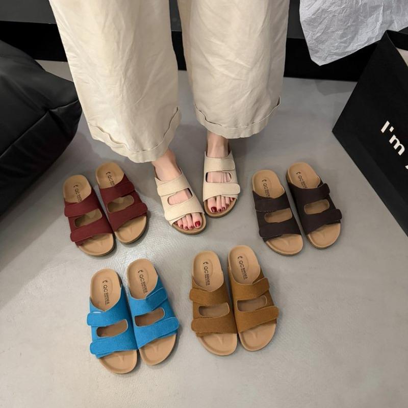 Fashion Summer New Style Flat Sandals Women Fashion Round Head Shallow Mouth Open Toe Cow Suede Set Foot Anti-slip Wear Slippers