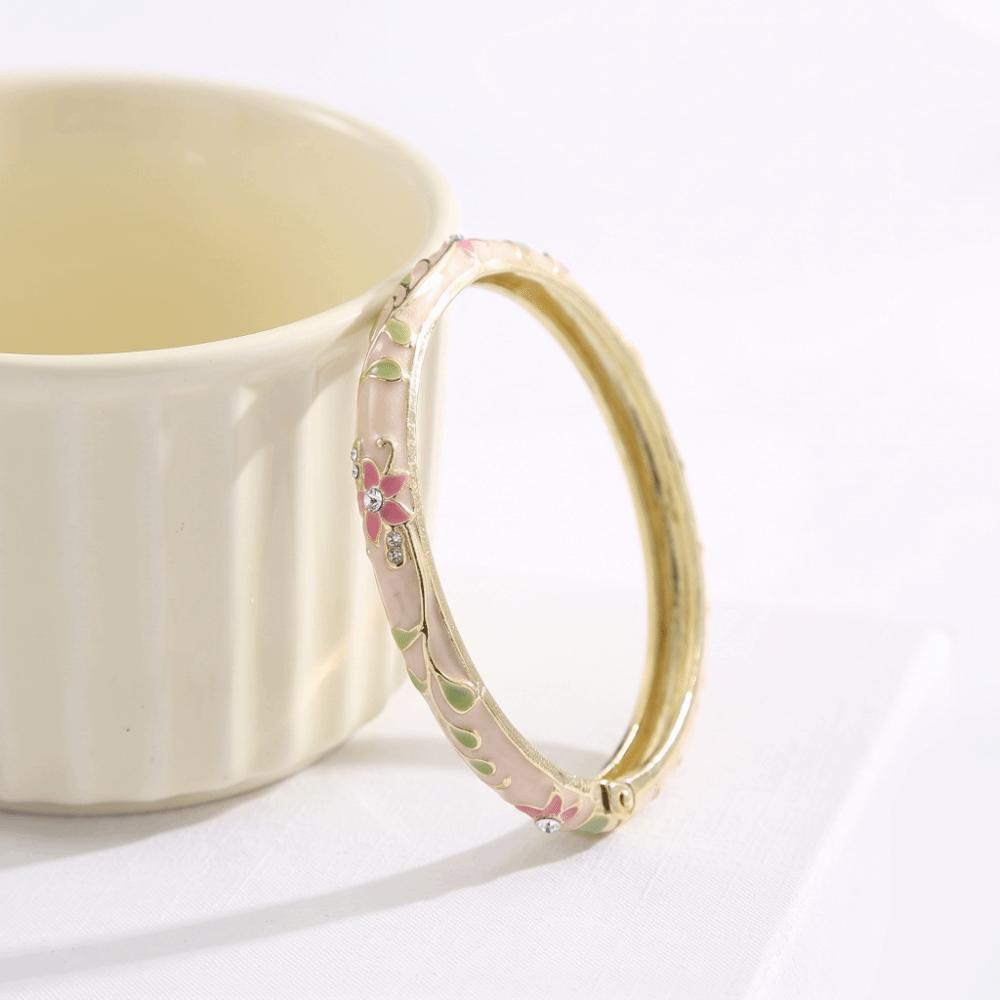 Gold Plated Enamel Bangle Bracelet Retro Light Luxury Flower Enamel Bangle Traditional Chinese