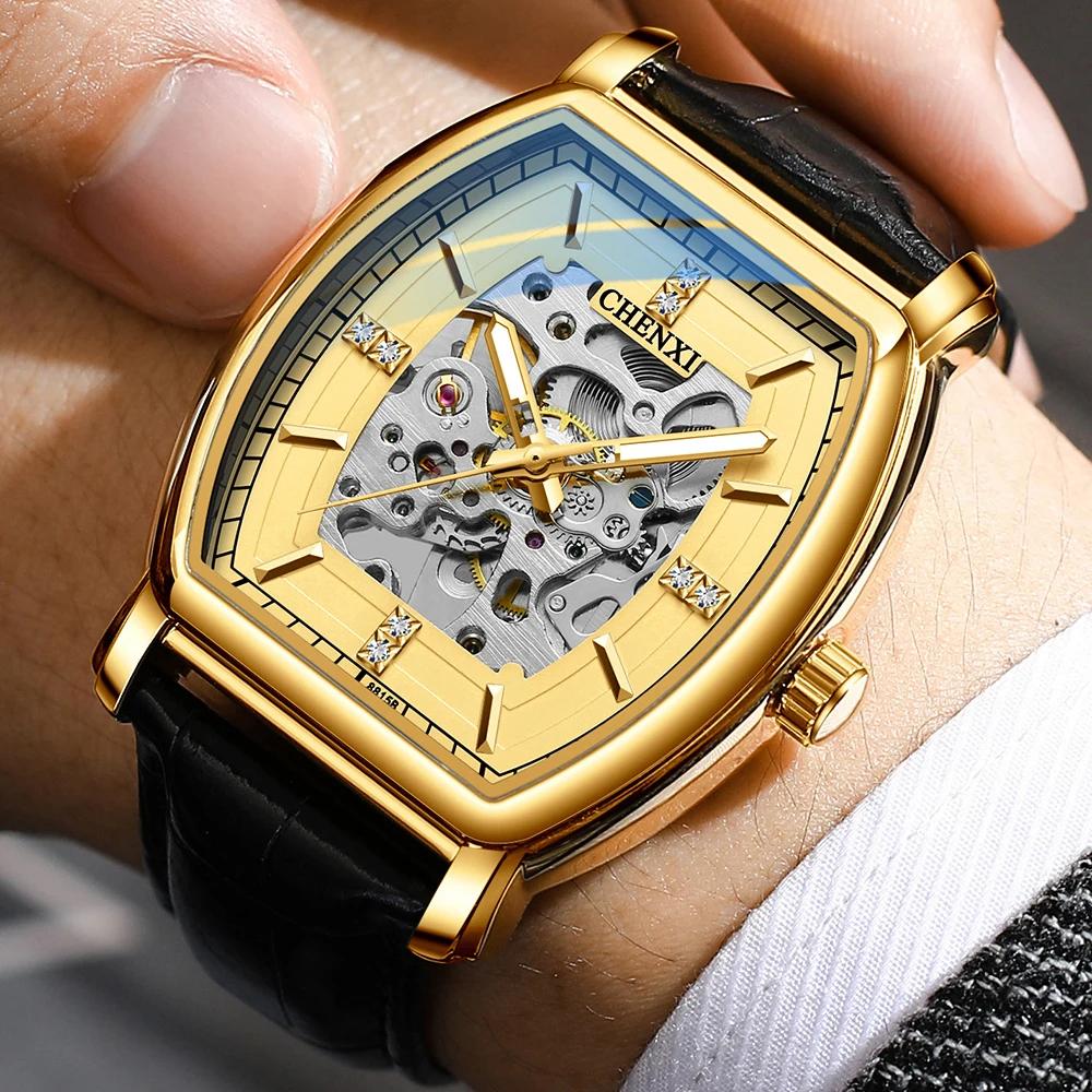 Relógio Mecânico Masculino Novo Tipo Barril Automático Vazado Luminoso À Prova d'Água Aço Inoxidável Dourado Relógios para Homem Relojes Hombreino