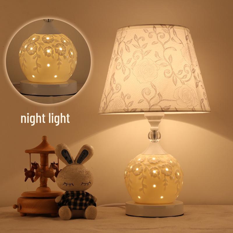 European Style Ceramic Bedside Lamp: Fashionable, Dimmable Night Light with Fabric Shade for Bedroom or Study.