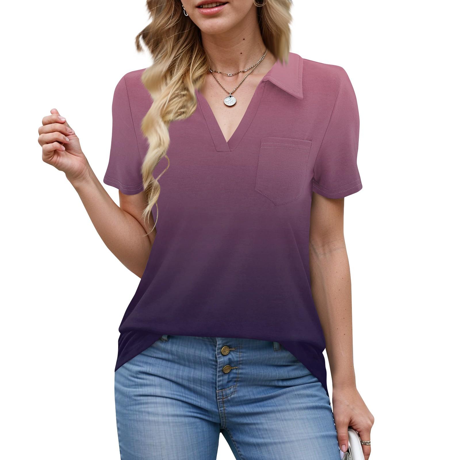 

Womens Shirts Summer Business Casual Work Tops Short Sleeve Button Down Collared V Neck Blouse T-Shirt XL
