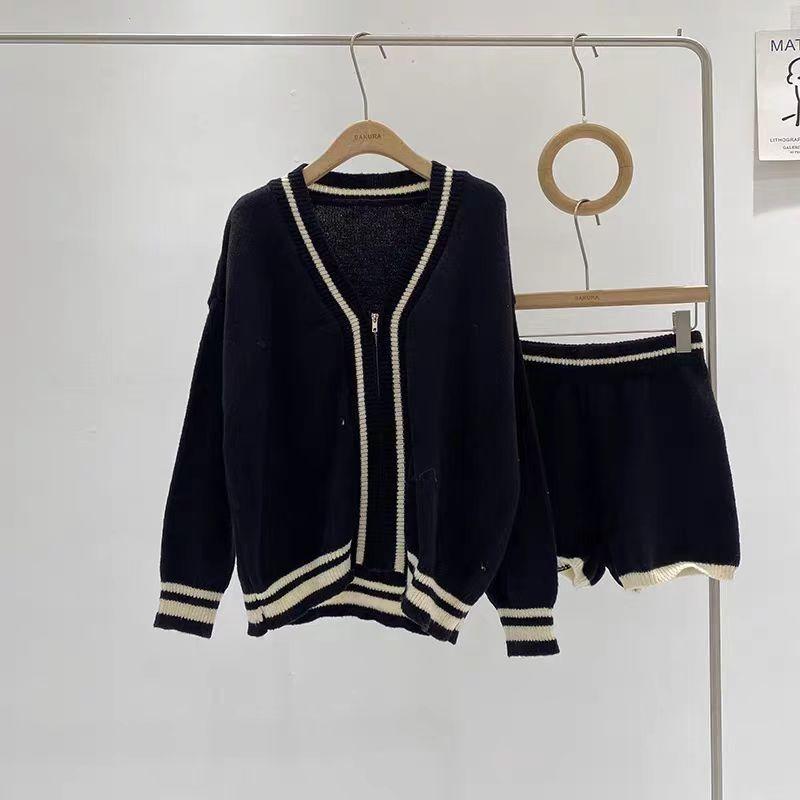 Cárdigan de Punto Holgado de Moda con Cuello en V y Cremallera, Suéter, Shorts Casuales de Cintura Alta, Conjunto de Dos Piezas, Ropa Elegante y Sencilla para Otoño Invierno