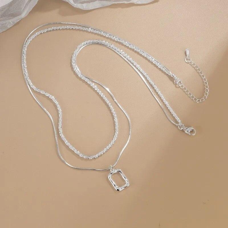 ANENJERY Square Double Layer Lava Picture Frame Stacked Necklace for Women Delicate Clavicle Chain Engagement Jewelry Gifts