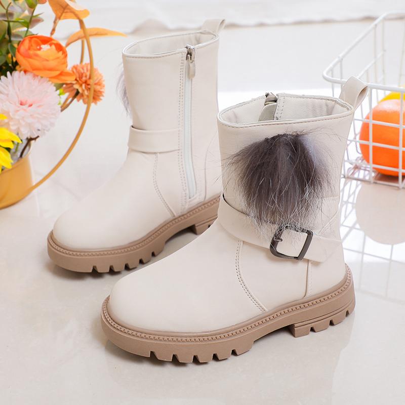 Mädchen Mode Stiefel mit flauschigem Haarball Niedlich Warm Herbst Winter Kinder Gummistiefel Süße Prinzessin Seitenreißverschluss Rutschfest Weich