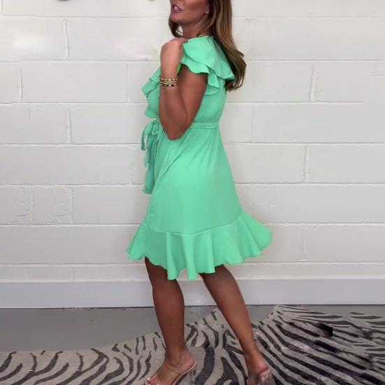 Women's Summer V-Neck Mini Dress Ruffle Cap Sleeve Short Wrap Dress Casual Beach Vacation