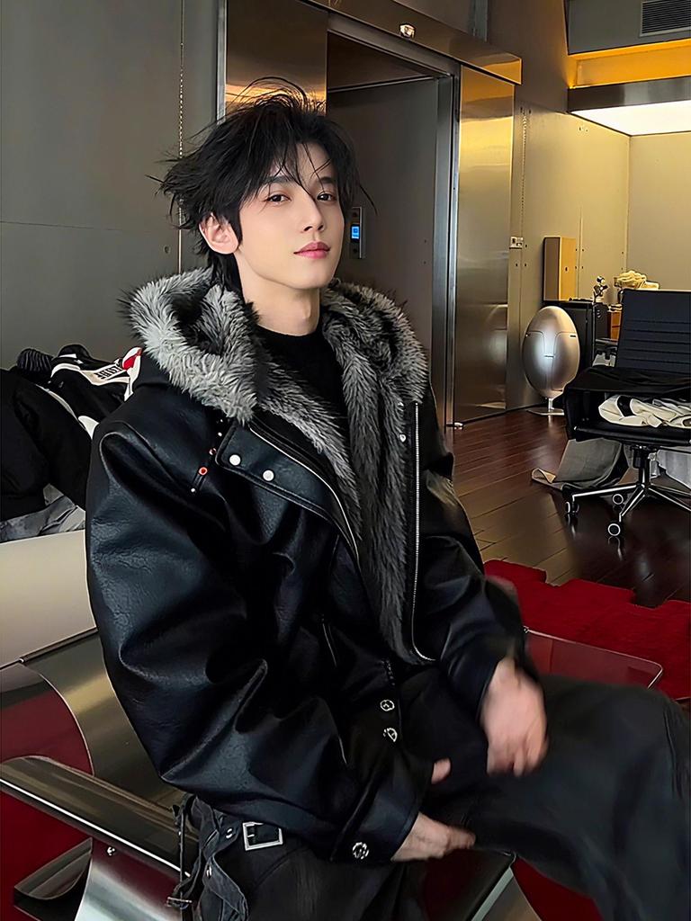 American Hooded PU Leather Winter Jacket with Faux Wolf Fur Collar for Men