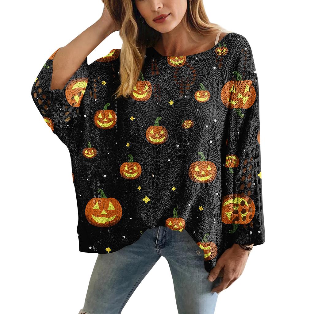 Halloween Crochet Pumpkin Sweater Women, Oversized Pumpkin Knit Pullover,Witch Hat Cozy Fall Sweater