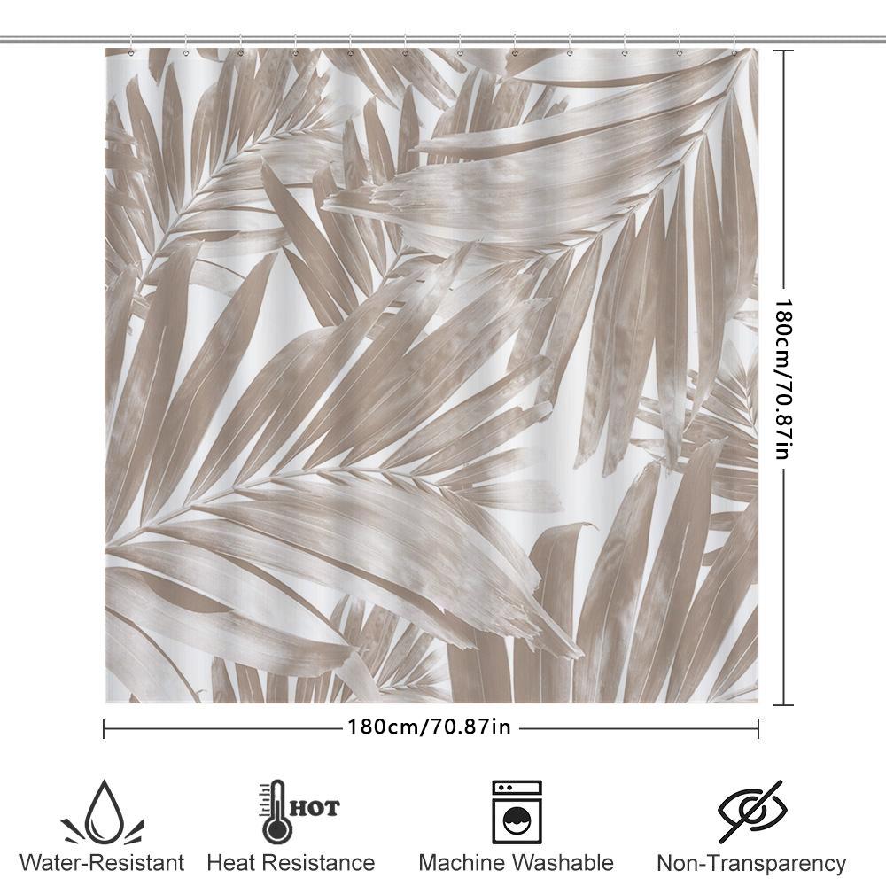 Vintage Palm Leaf Bath Curtain Shower Decoration Waterproof Fabric Decorative Window Panel Beige Tone