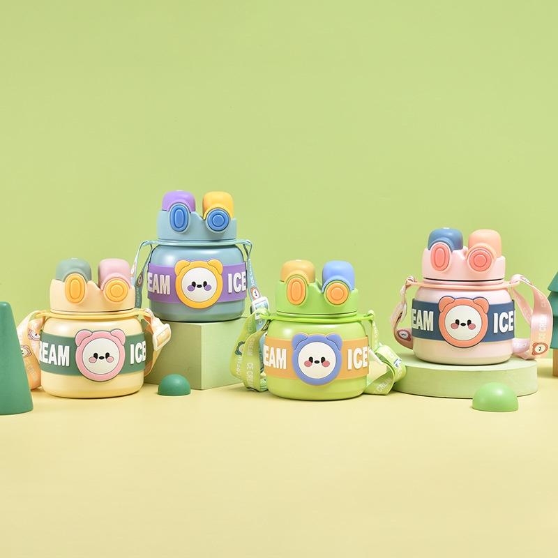 Lingpan Cute Cartoon Double Drinking Straw Big Belly Cup For Girls Outdoor Travel Shoulder Bag Water Bottle Large Capacity 850ml Barrel